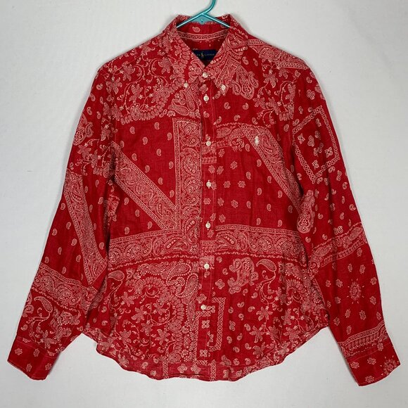 Ralph Lauren Red Bandana Paisley Linen Button-up Shirt Large - Picture 1 of 11